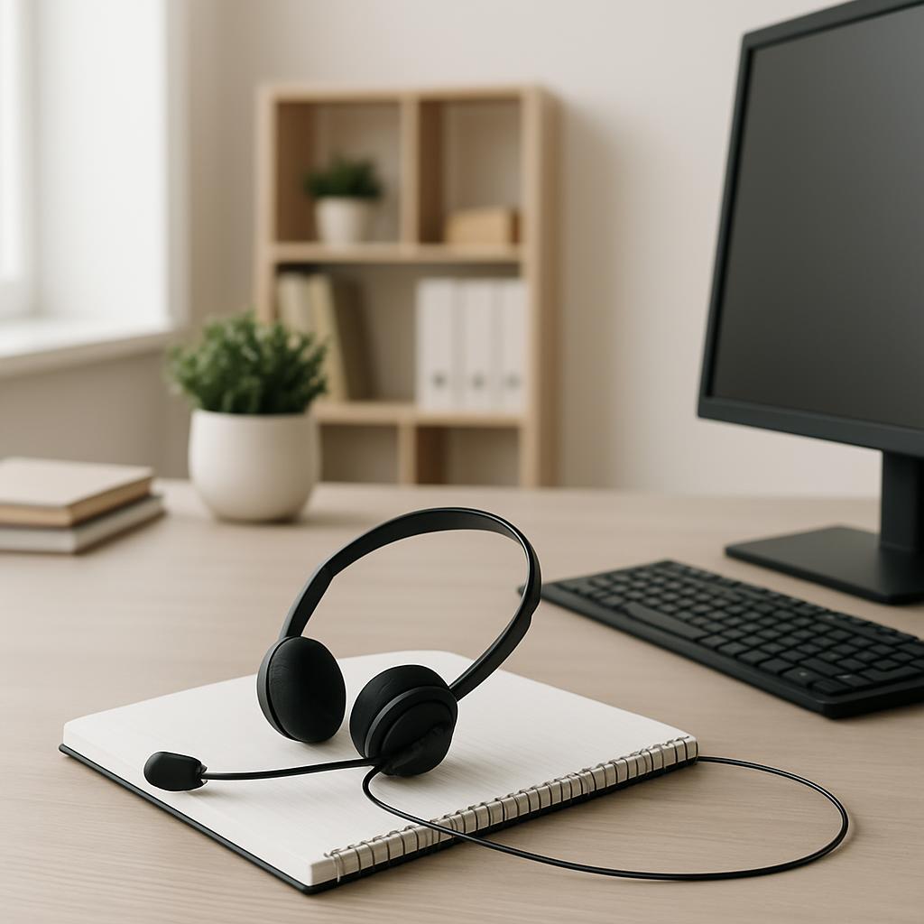 A black headset with microphone rests on a spiral-bound notebook, another book, and a computer monitor in the foreground. ...