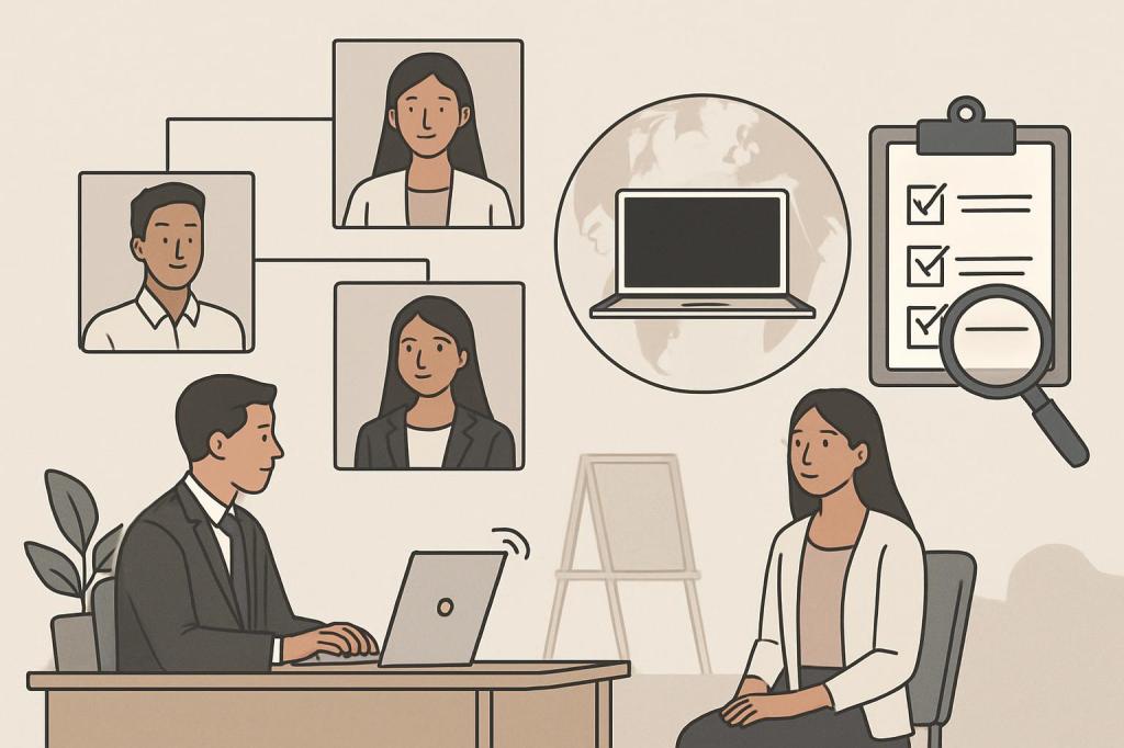 A graphic of a man and woman in an office setting with pictures of people and laptops.